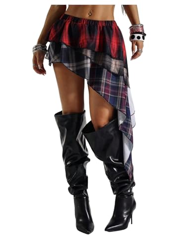 Floerns Women's Y2k Plaid Asymmetrical Skirt Elastic Waist Layered Ruffle Belted Skirts