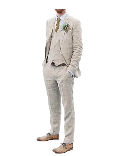 Linen Wedding Suits for Men Beige 3 Pieces Prom Tuxedoes Linen Suit Jacket Vest Pant for Men Groomsmen Attire BE-3428