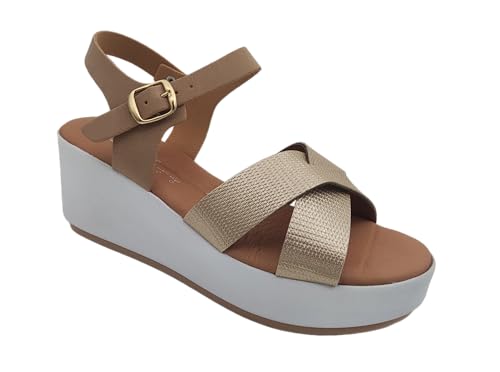 Vero Artigianato Sostenibile Comodissimi Sandali Estivi Donna con Zeppa, Scarpe Estive ed Eleganti, Sandalo in Pelle Comodo e Alto, 100% Made in Italy (Beige, Sistema Taglie Calzature EU, Adulto, Donna, Numero, Media, 38)