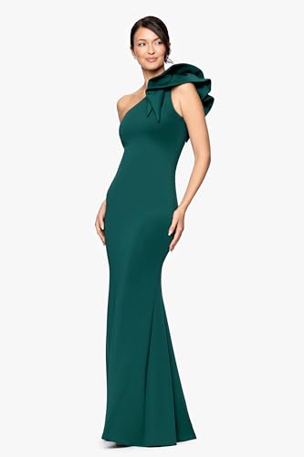Image of Betsy & Adam Women's Long Halter Scuba Crepe Tiered Ruffle Slit Gown