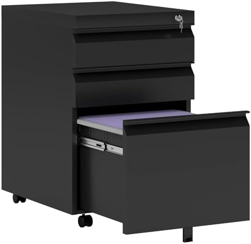 Lockable Mobile Steel Filing Cabinet with 3 Drawers, Fits A4, Legal, Letter Size, Under Desk Storage Solution for Home Office - Pre-Assembled Gray Design