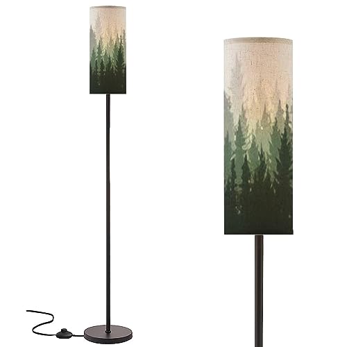Image of Boho Standing Lamps Forest nature landscape coniferous trees Pine Silhouette Minimalist Floor Lamp Metal Pole Lamp with Linen Lampshade for Bedroom Living Room Office Nursery Reading Foot Switch