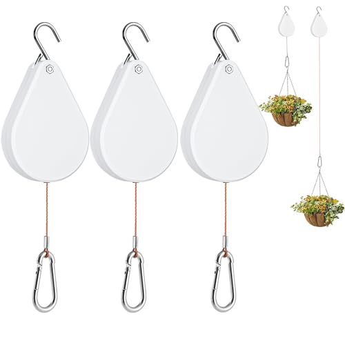 Gomazonle 2026 Upgraded Retractable Plant Hanger Plant Pulleys for Hanging Plants Easy to Raise and Lower Quick Lock Heavy Duty Adjustable Hook for Garden Baskets Pots Birds Feeder (3Pcs White)