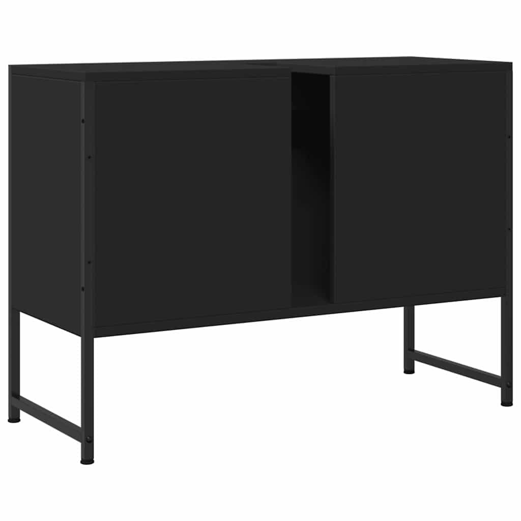 Szafka pod umywalkę, czarna, wykonana z materiału drewnopochodnego i stali malowanej proszkowo, 80 x 33 x 60 cm, z miejscem do przechowywania i otworem na syfon, do łazienki, mebli