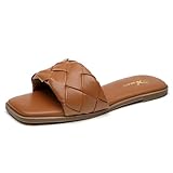 Athlefit Women's Braided Flat Sandals Square Open Toe Woven Slip On Slide Sandals Tan Size 7.5