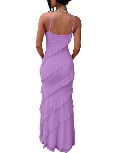 Image of HOCILLE Women's Sexy V Neck Backless Bodycon Spaghetti Strap Elegant Ruffle Maxi Cocktail Party Dresses