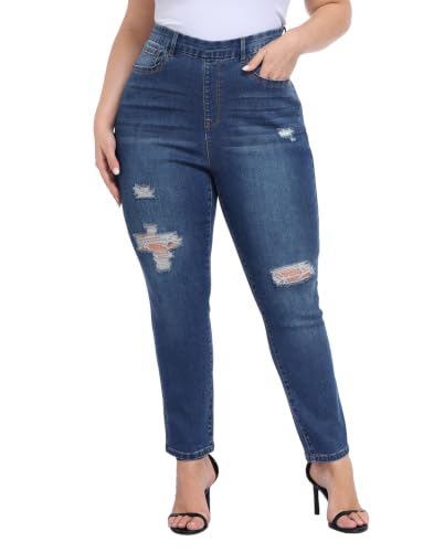HDE Women's Plus Size Skinny Jeans Pull On Stretch Denim Jegging with Pockets Ripped Distressed Blue - 4X