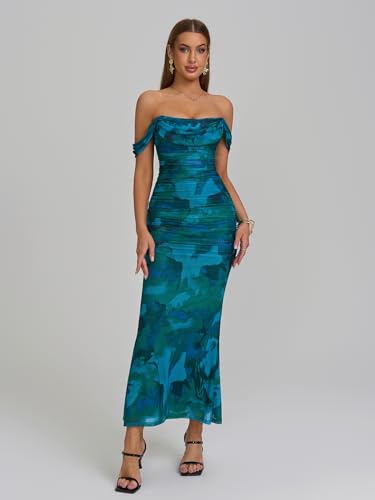 Image of KUTUMAI Off The Shoulder Maxi Long Dress Corset Ruched Bodycon Cocktail Formal Wedding Guest Dresses for Women