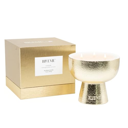 BLUEME Gold Holiday Wellness Refillable Candle Cheer Pomegranate Clove 3 Wick Contains Essential Oil Sustainable Hand Finished Premium Natural Cotton Wick Soy Wax Blend