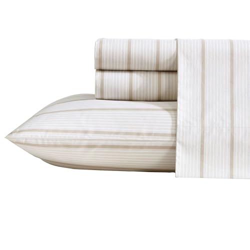 Nautica - Twin XL Sheets, Premium Cotton Percale Bedding Set, Striped Home Decor, Oeko-Tex Certified (Merrick Stripe Beige, Twin XL)