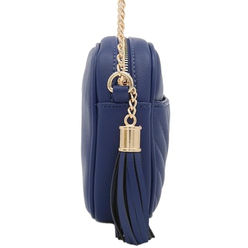 Image of FashionPuzzle Chevron Quilted Crossbody Camera Bag with Chain Strap and Tassel