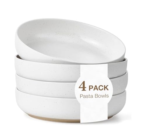 Gencywe 8.3' Pasta Bowls Set of 4, 34 oz Ceramic Salad Bowls, White Serving Plate, Wide and Shallow Bowl for for Fruits, Noodle, Dinner, Housewarming Wedding Christmas Dishwasher and Microwave Safe