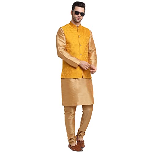 Image of KRAFT INDIA Mens Gold Silk Blend Kurta and Churidar Set With Jacquard Paisley Nehru Jacket