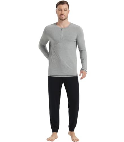 Image of NACHILA Mens Pajamas Set Long Sleeve Henley Sleepwear Top Soft Jogger Pants Pajamas Cool Pjs Set,Viscose Made from Bamboo