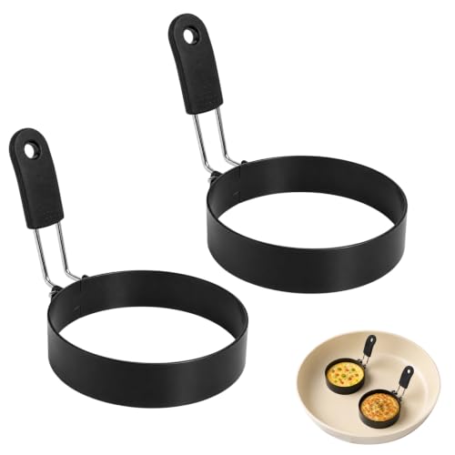 2 Aros para Huevos de Acero Inoxidable 9cm, Molde para Huevos Fritos con Asas Plegables Antiquemaduras, Anillos para Tortitas Antiadherentes, Molde Tortilla para Muffins, Panqueques y Panecillos