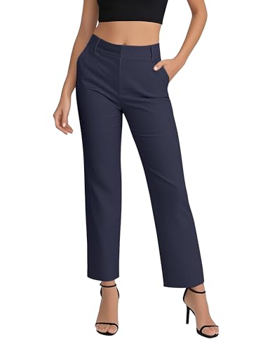 EXCHIC Damen Komfortabel Dehnbar Gerade Bein Freizeit Hosen Hohe Taille Arbeitshose mit Taschen(M, Marineblau)