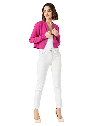 Image of Miss Chase Women's Pink Collared Full Sleeves Bomber Cropped Jacket