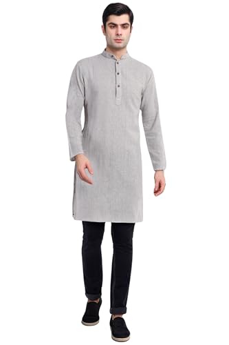 SKAVIJ Men's Handloom Cotton Solid Henley Long Sleeves Straight Knee Length Long Shirt