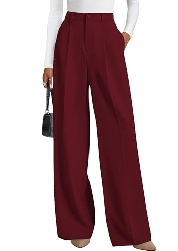 PRETTYGARDEN Women's Flowy Wide Leg Dress Pants,Wine Red,M