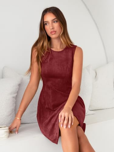 Simplee Womens Suede Cocktail Fall Dress 2026 Faux Suede Sleeveless Zip Up Classy Cute Wedding Guest Mini Dresses(Burgundy M) — view 6