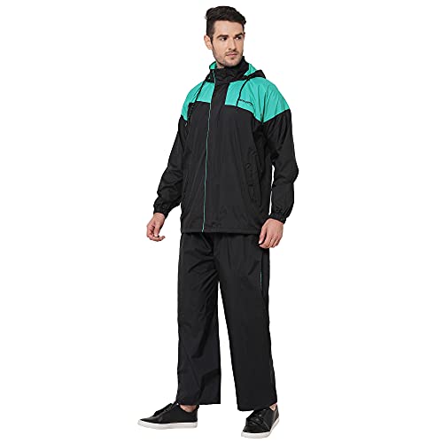 Image of Zeel Rain Coat for Men Waterproof for Bike Riders with Adjustable Hood and Pocket,Waterproof Raincoat with Polyester Jacket Pant and Carrying Pouch,AZ06 Black-Green XXL