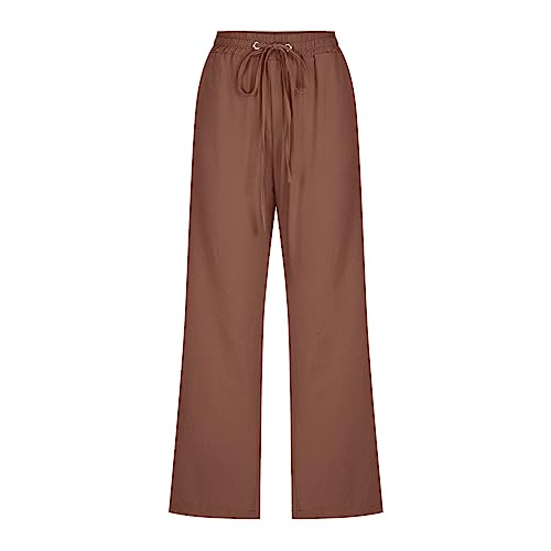 Rvidbe Capri Pants for Women Casual Summer Drawstring Elastic Waist Linen Pants Straight Wide Leg Crop Trousers with Pockets Brown3
