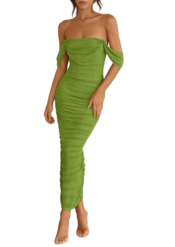 Image of PRETTYGARDEN Womens Off Shoulder Maxi Wedding Guest Dress | Comfy Mesh Fabric, Long Ruched Bodycon Dresses, Sleeveless Back Split, Formal Cocktail Party Outfits, Chic Summer Clothes