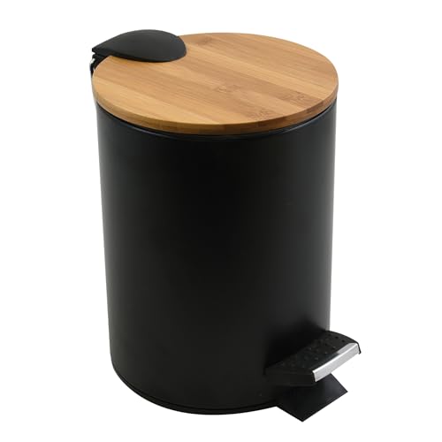 Spirella - Poubelle de Salle de Bain à Pédale en Acier ADONIS - Couvercle Bambou - Fermeture Douce Easy-Close, Bac Intérieur - Ø 17 x 22,5 cm - 3L - Noir