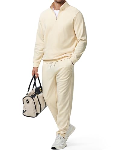 JMIERR Men Casual 2 Piece Outfit Couple Matching Set Twill Sweatshirt Old Money Fall Running Joggers Tracksuit Long Sleeve, XL, Beige