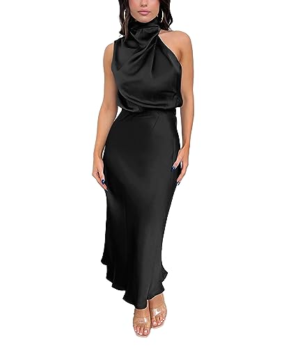 Image of Sexyshine Women's Elegant Halter Tie Neck Sleeveless Satin Long Dress Backless Split Cocktail Party Formal Wedding Maxi Dress