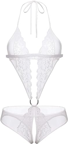 Image of Women Deep V Imported Lingerie Lace Teddy One Piece Babydoll Mini Bodysuit Sleepwear Swimwear