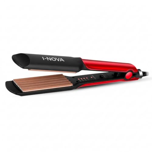 Image of I-NOVA Professional Hair Crimper, Black and Red, Ceramic Plates, Electric Styling Tool for Curly Wavy Hair