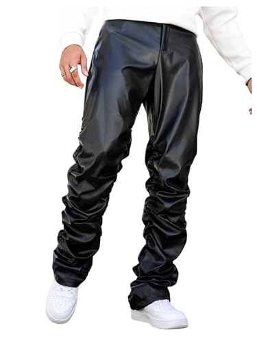 SHENHE Men's PU Leather Stacked Pants Straight Leg Ruched Hip Hop Streetwear Pants Trousers