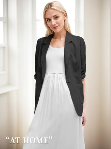 Mina Self 2025 Summer Linen Blazer Women Lightweight 3/4 Stretchy Ruched Sleeve Fully-Lined Casual Work Jacket with Pockets3