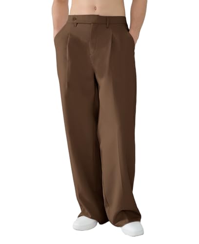 Susclude Mens Casual Dress Pants Pleated Old Money Wide Leg Baggy Pants Fall Relaxed Fit Slacks Work Trousers
