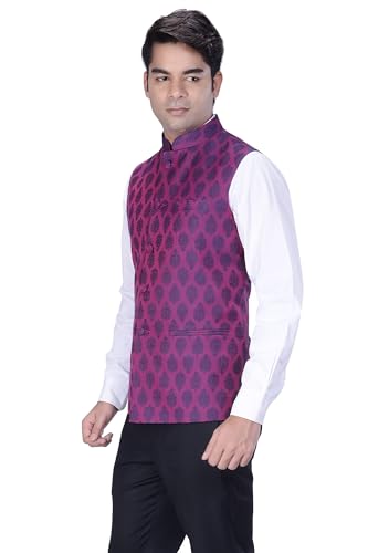 Image of KISAH Men's Nehru Jacket, Magenta Silk Blend, Jacquard Regular Fit Mandarin Collar Long Sleeves (38)