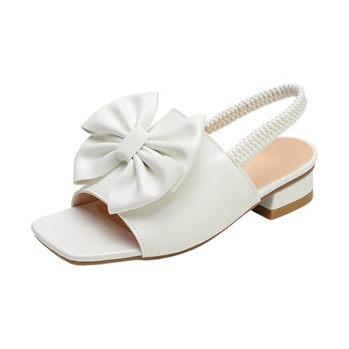 IWIHMIV Girls Sandals Square Toe Low Heel Dress Elastic Ankle Strap Bow Flower Wedding Party Shoes for Little Kid