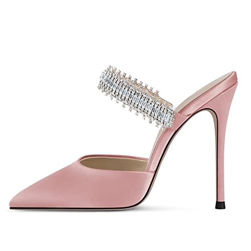 Women Heeled Mules Rhinestone Embellished Strap Pointed Toe Mules Satin Stiletto High Heels Slip On Bridal Sandals for Women