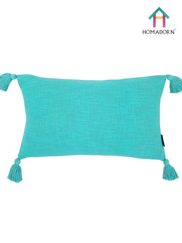 Image of HOMADORN Luxury Cotton Handmade Decorative Boho Throw Pillow Covers with Tassels for Sofa Couch Living Room Indoor Outdoor Chair Car Farmhouse (12X20 INCHES (Rectangle), Turquoise (Pack of 2))