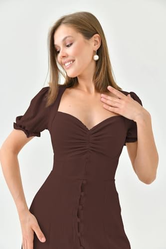 Image of Shasmi Girl's & Women's Solid Midi Dress - Elegant Square Neck Button-Down Dress with Puff Short Sleeves | Stylish Casual & Party & Office Wear Outfit (Dress 105)