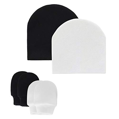 Durio Baby Mittens Newborn Cute Baby Boy Girl Mittens Super Soft Newborn Hats for Boys Girls Cotton Baby Hats and Mittens A White&Black (Hats & Mittens) 0-12 Months