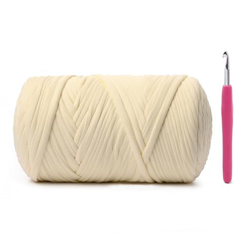 Image of Soft Tshirt Crochet Yarn, 400g /114yds High Elastic Hand Knitting Yarns, Thick T Shirt Yarn for Crocheting Bags, Baskets, Cushions, DIY Crafts(Milky White)