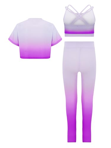 TiaoBug Kids Girls 2Pcs Gymnastics Dance Sports Set Short Sleeve Gradient Color T-Shirt Vest Leggings Set2