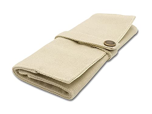 Image of Funny live Pure Color Pen Pencil Wrap Pencils Roll Holder,Simple Retro Style Pen Pouch Bag Coloring Pencils Organizer Holder Colored Pen Paint Brush Storage Pouch (Beige)