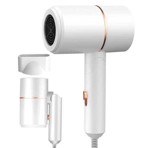 KUWUNG Travel Hairdryer, Foldable Small Hair Dryer, Portable Ionic Hairdryer with Styling Nozzle, Fast Drying Blow Dryer with Hot/Cold Button, Travel Hair Dryer for Women, Home, Travel, Salon