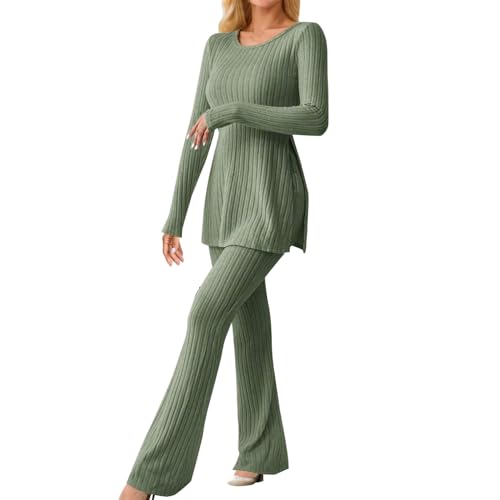 Generisch Traje de punto de dos piezas para mujer, manga larga, jersey de punto acanalado, pantalones largos, pantalones deportivos, lounge, ropa de ocio, traje de ocio, traje de jogging, ropa de