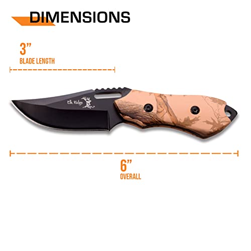 Elk Ridge - Outdoors Fixed Blade Knife - 6-in Overall, 3-in Black Stainless Steel Blade, Wood Handle, 1680D Nylon Sheath - Hunting, Camping, Survival (Camo)