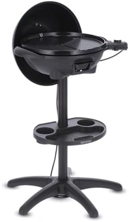 SEVERIN Barbacoa eléctrica de pie con tapa, parrilla eléctrica de gran capacidad con termómetro, cortavientos y estante, mini barbacoa con superficie lisa y estriada, PG 8541