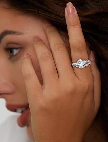 Image of Moissanite Engagement Ring Set 1.25CT D Color VVS1 Clarity Pear Shaped 925 Sterling Silver Wedding Sets Rings Bridal Promise Ring Jewelry for Women with Certificate Size 5-10