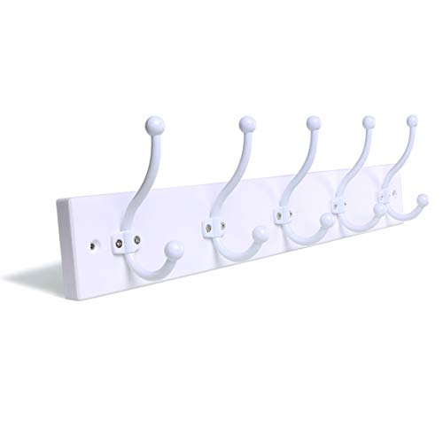 SZAT PRO Wall Mounted Coat Rack with 5 White Hooks White Wooden Rack